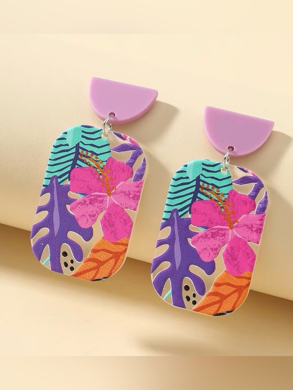 Boho Purple Vibrant Pink Hibiscus & Tropical Leaf Floral Design Acrylic Earrings